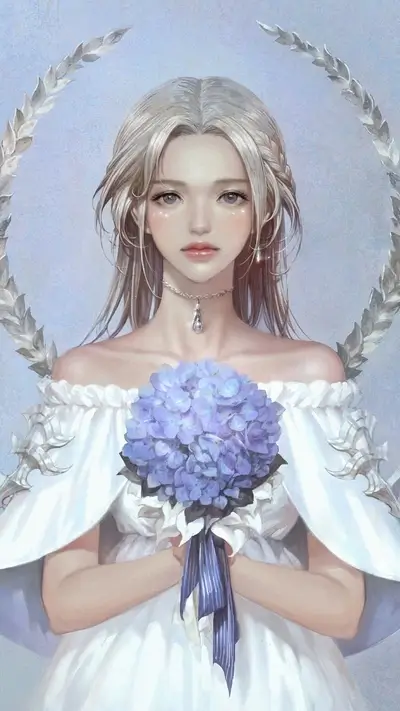 A white-dressed girl holding a bouquet of blue hydrangeas