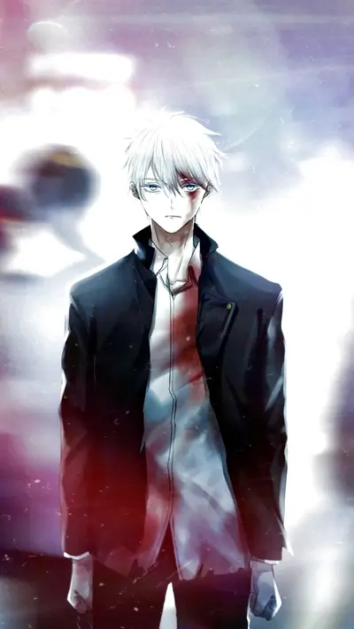 A white-haired boy in a dark jacket, blood stains on his shirt