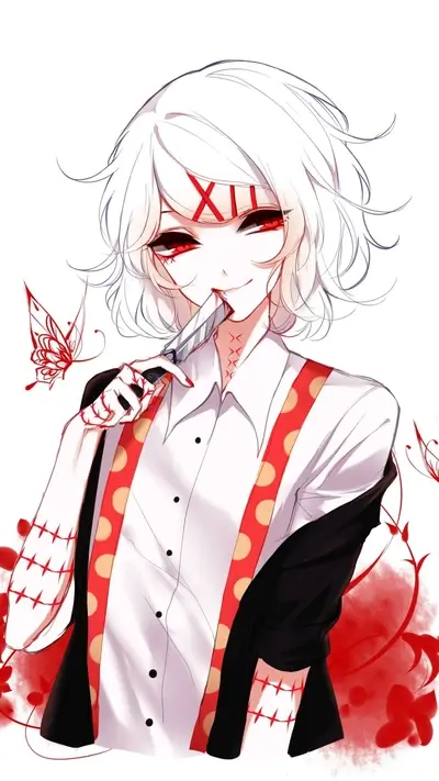 A white-haired character with red eyes and markings holds a knife