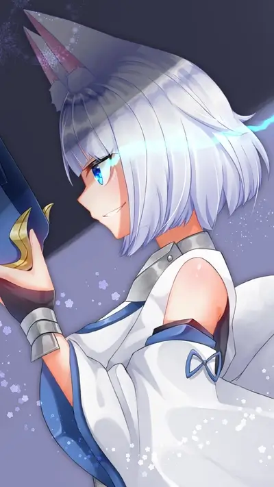 A white-haired girl with cat ears holds a weapon