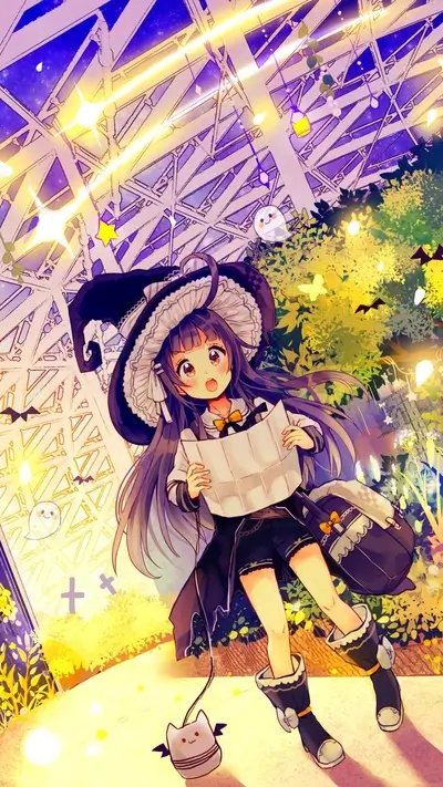 A witch girl with a map in a magical garden