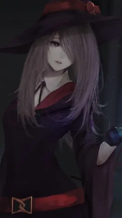 A witch with long hair wearing a dark purple robe and a wide-brimmed hat