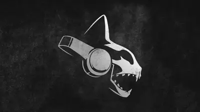 A wolf skull outline wearing headphones, a grunge style design on dark background.