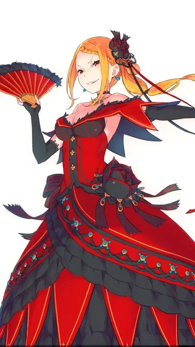 A woman in a red and black dress holds a fan
