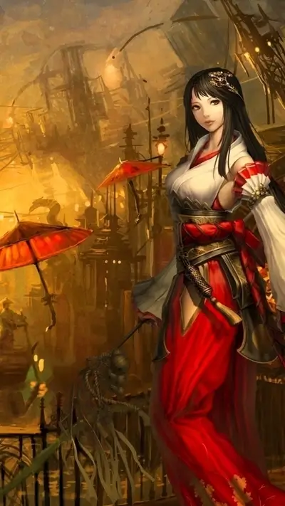 A woman in a red kimono stands in a steampunk city