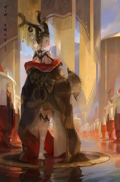 A woman in ornate clothing stands in a grand hall