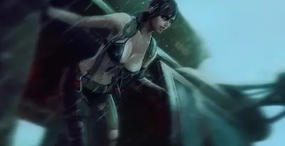 A woman in tactical gear emerges from a vehicle in the rain