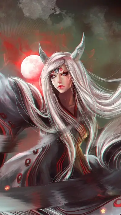 A woman with horns and long white hair, a red moon in the background