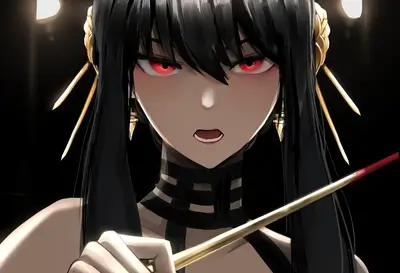 A woman with long black hair and red eyes holds a sword