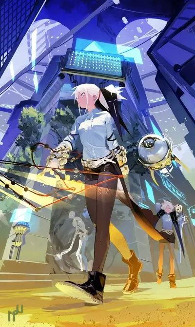 A woman with mechanical arms walks through a futuristic city