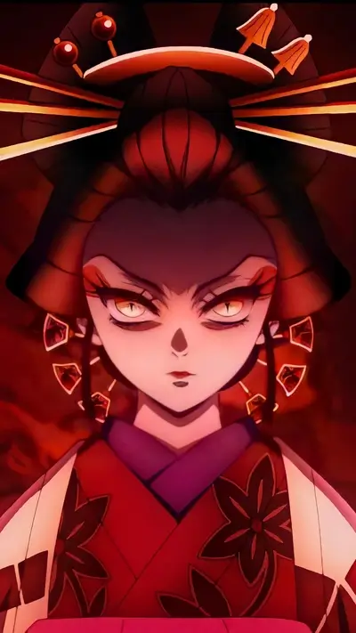 A woman with red hair and kimono, intense gaze