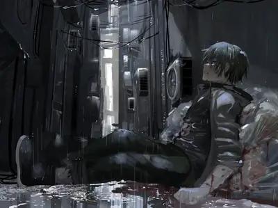 A wounded boy sits in a rain-soaked alleyway