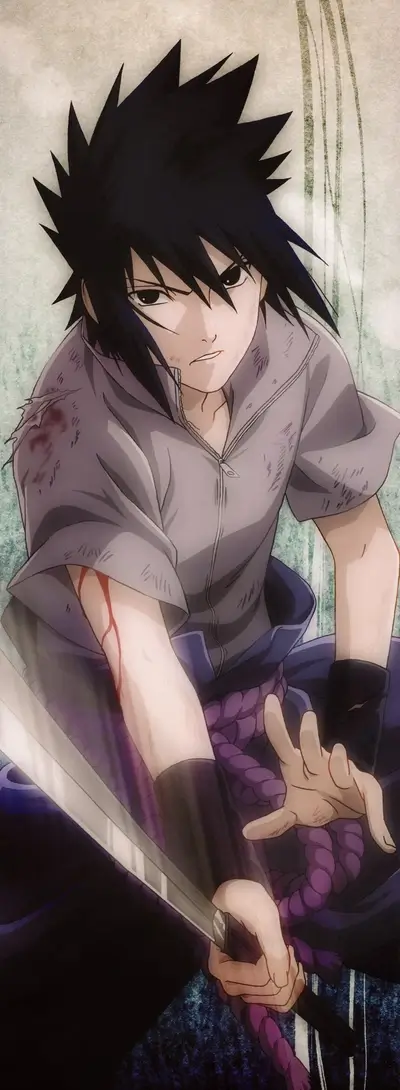 A wounded boy with dark hair holds a sword