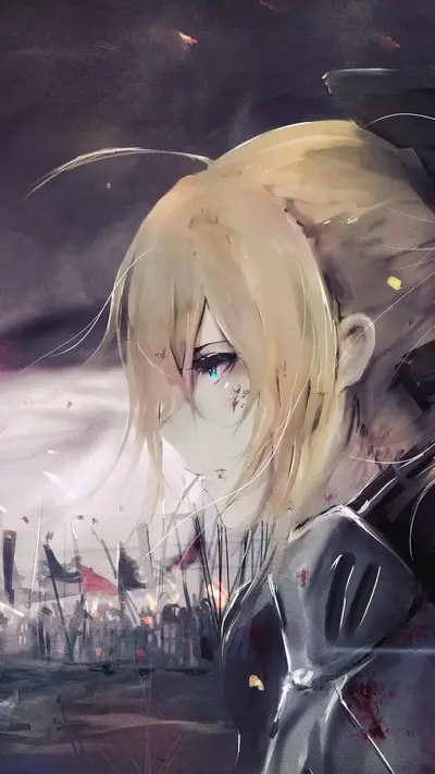 A wounded female character amidst a battlefield