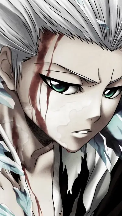 A wounded, serious-looking anime character with spiky white hair