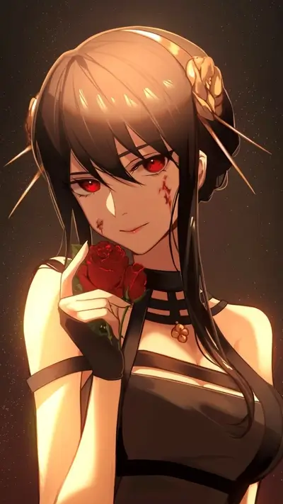 A wounded woman holds a rose