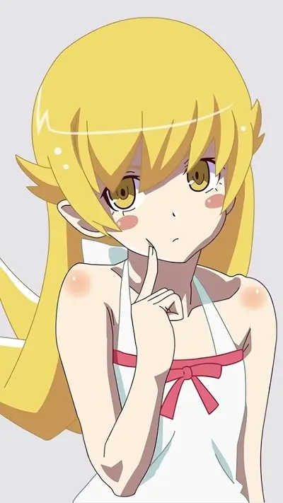 A yellow-haired girl in a white sundress, thoughtful expression