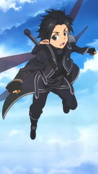 A young boy with black hair and elf ears flies in the sky