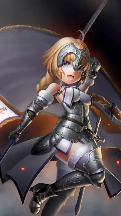 A young female knight in silver armor, holding a lance and a flag