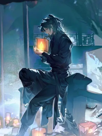 A young man holds a lantern, surrounded by glowing lights