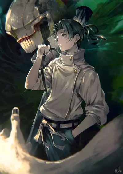 A young man in a chef's outfit, standing next to a monstrous figure