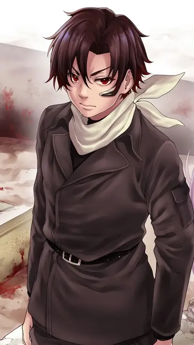 A young man in a dark coat stands amidst bloodstains