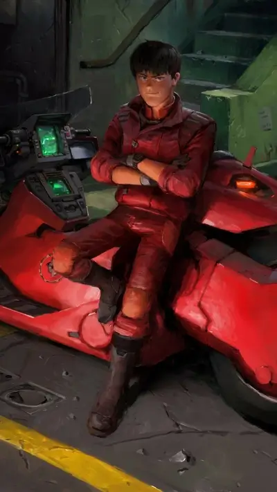 A young man in red sits on a red motorcycle