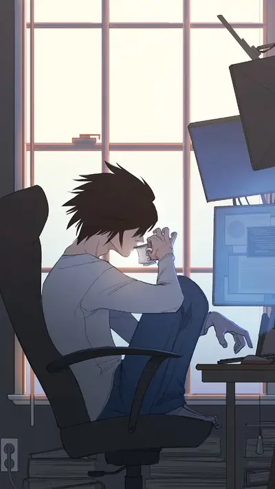 A young man sits in a chair, drinking from a cup