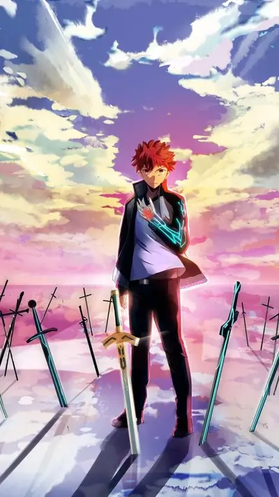 A young man stands with a sword, surrounded by broken swords