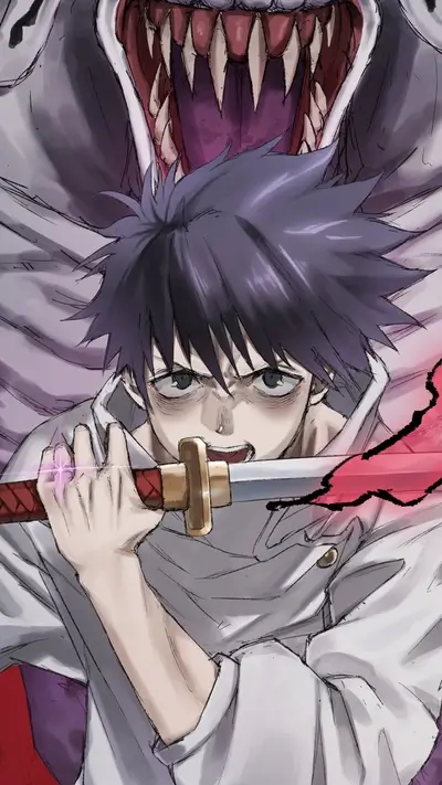 A young man wielding a katana, a monstrous maw looming behind him