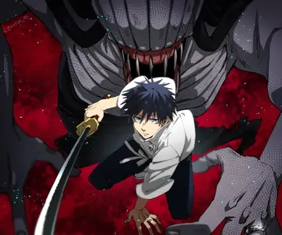 A young man wielding a katana confronts a monstrous entity
