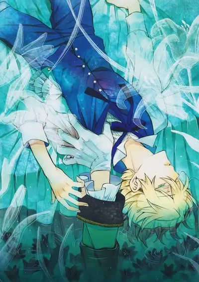 A young man with blond hair lies in a turquoise watery scene