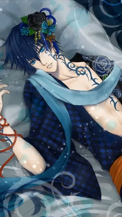 A young man with blue hair and tattoos rests on a pillow