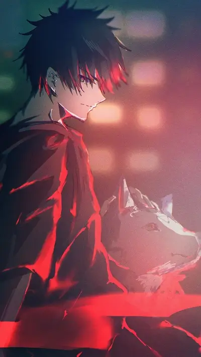 A young man with dark hair and red highlights, holding a wolf-like creature