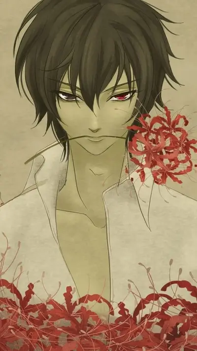 A young man with dark hair holds a red spider lily