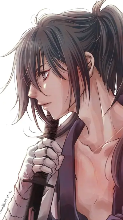 A young man with dark hair tied in a ponytail holds a katana