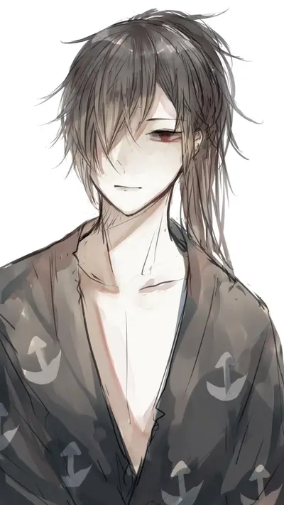 A young man with dark hair, wearing a dark gray kimono