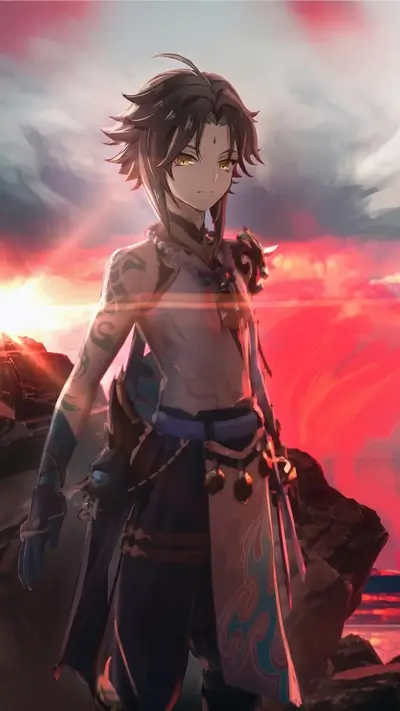 A young man with golden eyes stands against a fiery sunset