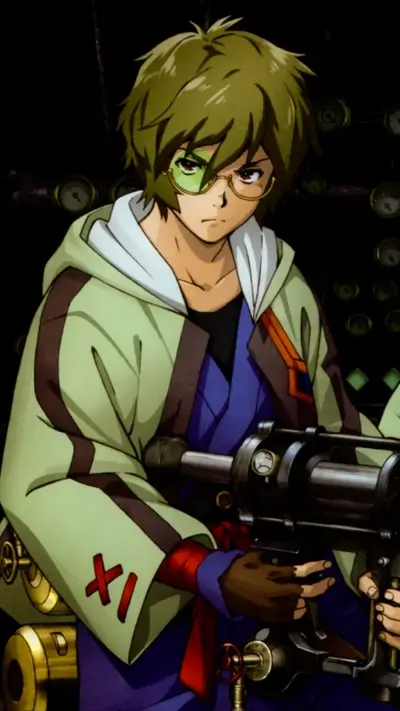 A young man with green hair and glasses holds a large steampunk weapon