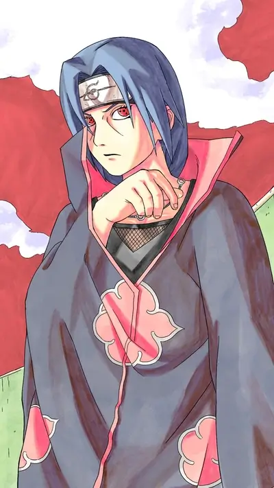A young man with red eyes and dark hair, wearing a dark cloak