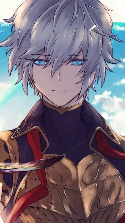 A young man with silver hair, blue eyes, and ornate golden armor