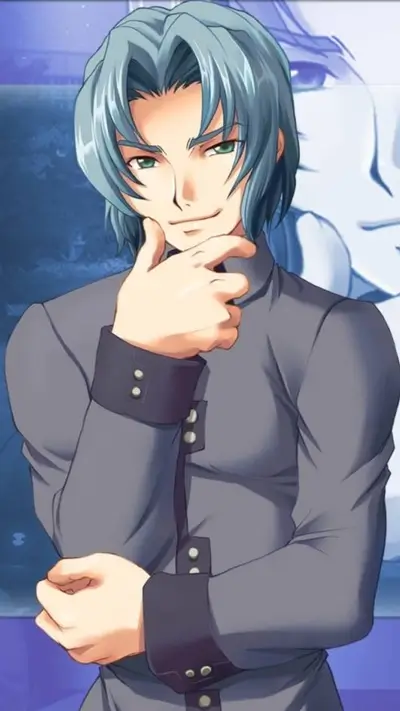 A young man with teal hair, thoughtful expression, gray clothing