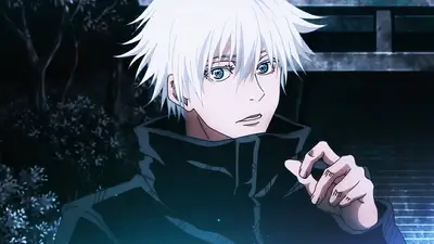 A young man with white hair and blue eyes, wearing a dark jacket