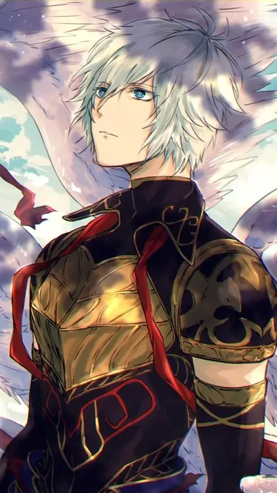 A young man with white hair and golden armor