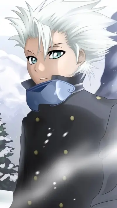 A young man with white hair in a snowy landscape