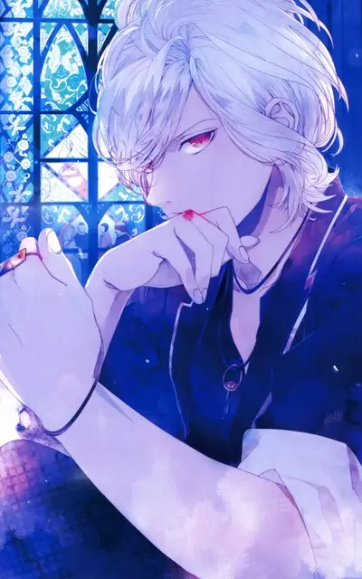 A young man with white hair sits near a stained-glass window