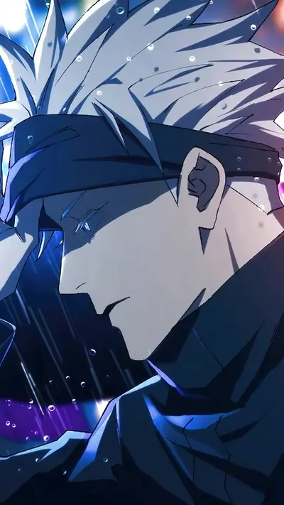A young man with white hair, wearing a dark blue jacket, crying in the rain