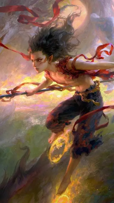 A young warrior wielding a spear, surrounded by red ribbons and fire