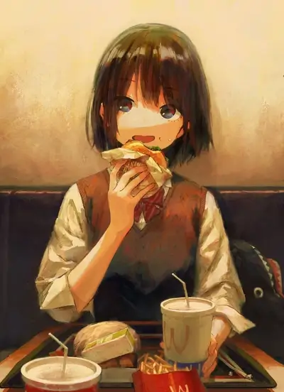 A young woman indulges in a burger, seated at a table laden with McDonald's fare