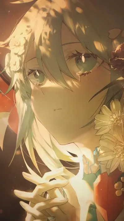 A young woman with light green hair cries, flowers adorn her